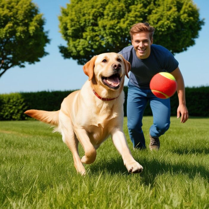 _El perro (raza mediana como labrador o border collie) corre emocionado tras la pelota con su dueño. Fondo con césped verde, árboles y cielo azul. Estilo fotográfico realista, escena dinámica y alegre._ Lanzador de Pelotas para Perros Outdoor | Resistente al Agua y Portátil
