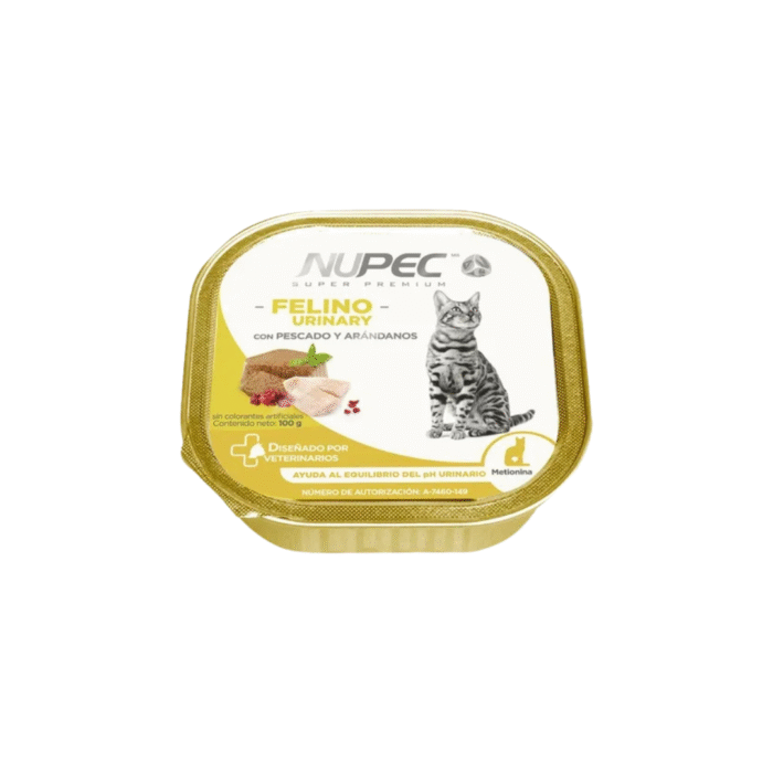 Nupec Húmedo Urinary para gatos – Apoyo nutricional para la salud urinaria Gato adulto comiendo Nupec Alimento Húmedo Urinary para gatos junto a la lata del producto
