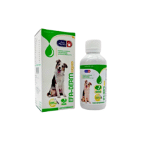 Frasco de EFA Derm Liquid suplemento nutricional para mascotas con omega 3, 6 y 9 sobre fondo limpio y profesional