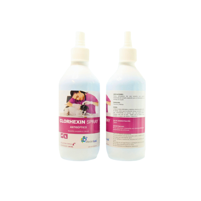 Frasco de Clorhexin Spray Antiséptico para mascotas sobre fondo blanco, con etiqueta visible y diseño limpio