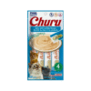 Churu para gatos sabor atún con viera en presentación de tubo, junto a un gato disfrutando el snack