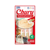 Churu para gatos sabor atún con cangrejo en tubo individual, con gato disfrutando el snack cremoso