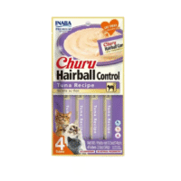 Churu para gatos receta de atún Hairball Control en tubo individual, con un gato lamiendo el snack