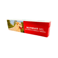 Suplemento Nutrivit Gel en envase tipo tubo, con fondo blanco, junto a un perro o gato en buen estado físico