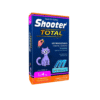 Shooter pipeta antipulgas para gatos, con imagen del empaque y un gato relajado sobre fondo claro