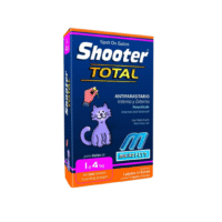 Shooter pipeta antipulgas para gatos, con imagen del empaque y un gato relajado sobre fondo claro