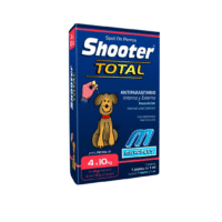Shooter pipeta antipulgas para perros, con empaque visible y un perro sano en fondo blanco