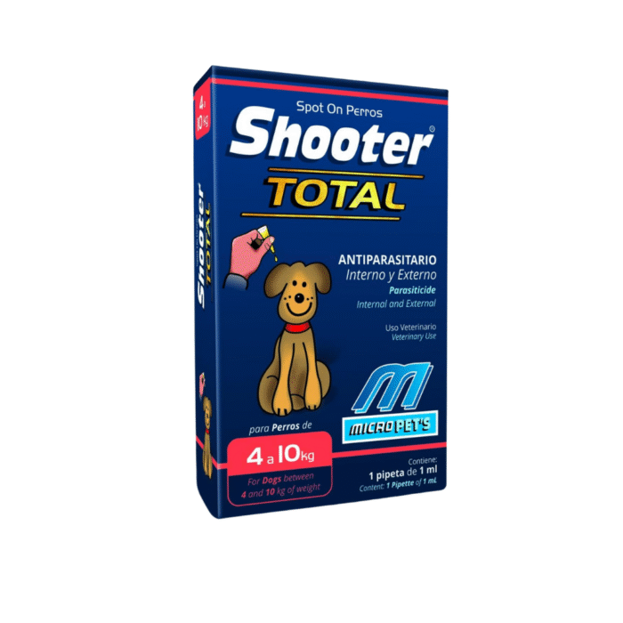 Shooter pipeta antipulgas para perros, con empaque visible y un perro sano en fondo blanco