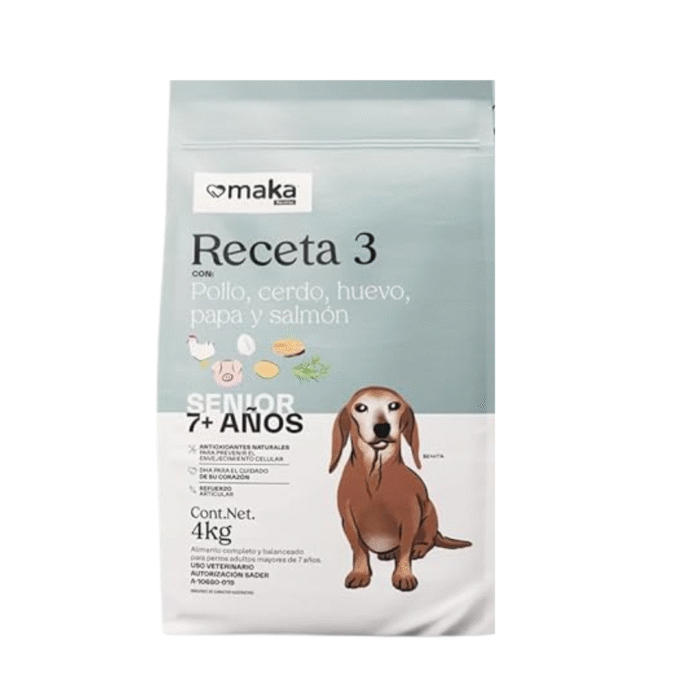 Croquetas para perros senior Receta 3 en presentación de 8 kg, 4 kg y 2 kg, alimento balanceado para adultos mayores con glucosamina y antioxidantes.