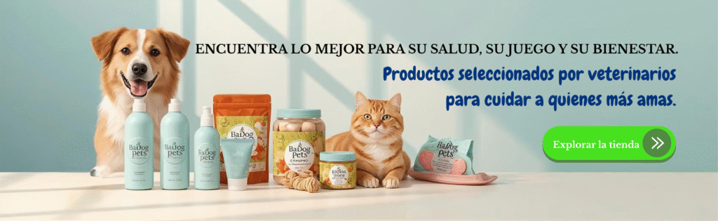 Tienda Mascotas BaDog en León Gto, perro y gato felices junto a productos veterinarios, accesorios y alimentos para mascotas, bienestar animal y cuidado veterinario.