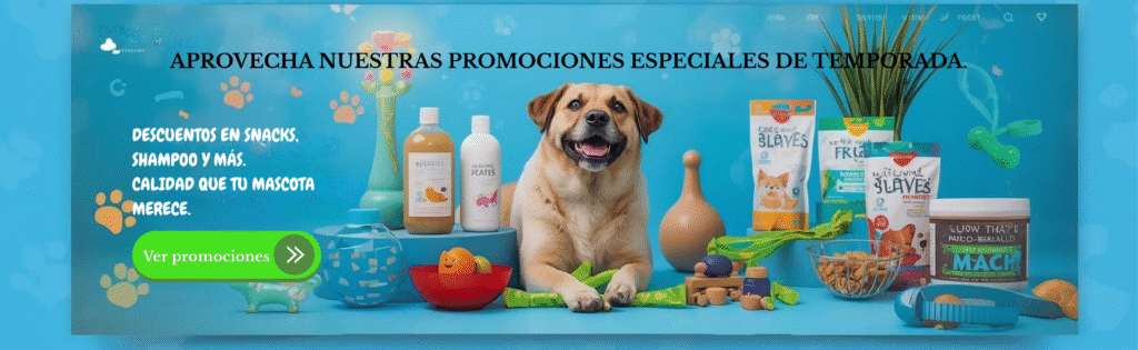 Promociones Mascotas BaDog León, perro jugando con juguetes y snacks saludables, descuentos en productos para mascotas, tienda veterinaria confiable.
